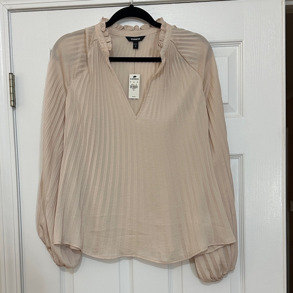 Express Soft Beige Blouse with Ruffle Neckline